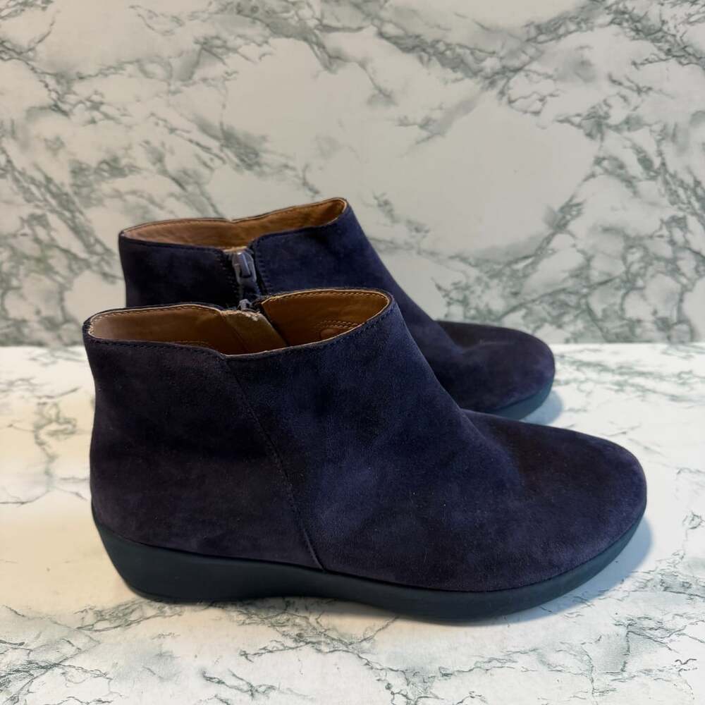 FitFlop Women 7 Ankle Boot Sumi Blue Suede Bootie Side Zip Comfort Walking Shoe